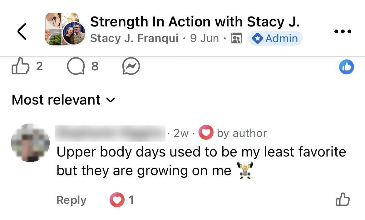 Member win posted in the Strength In Action Facebook group