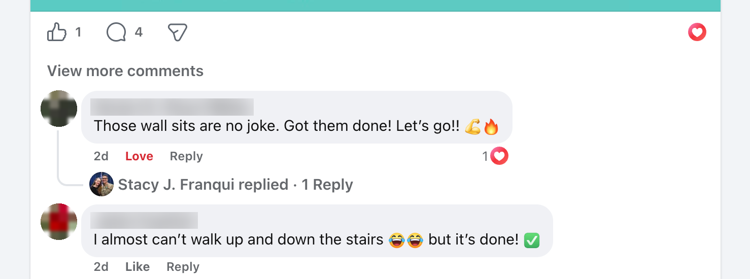 Members sharing their workout wins in the Strength In Action Facebook group