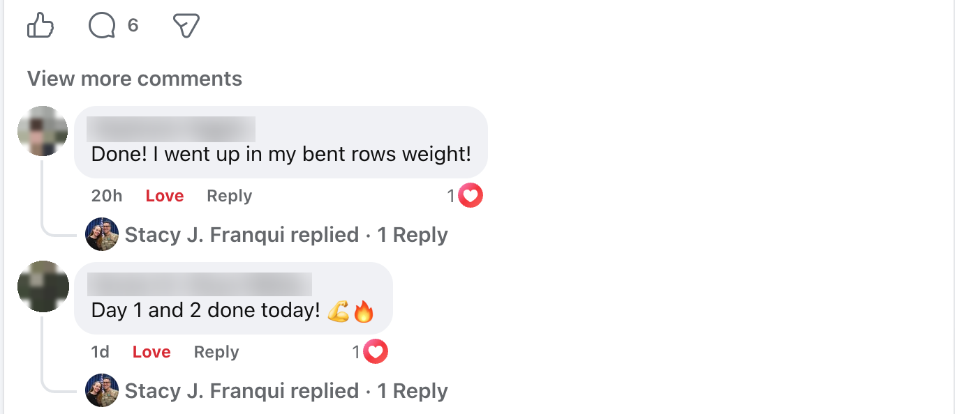 Members sharing strength progress in the Strength In Action Facebook group