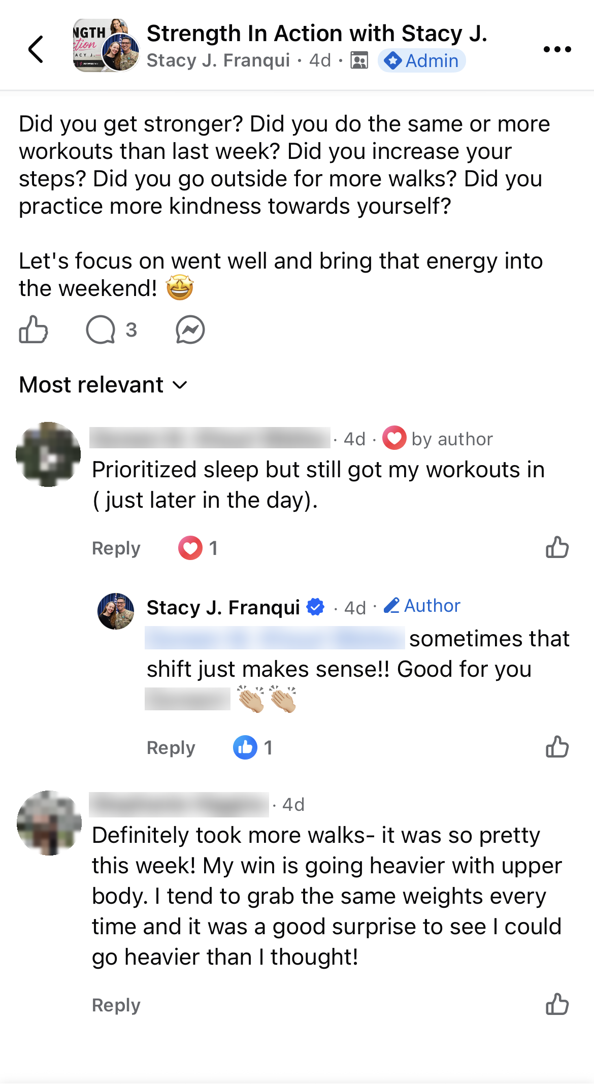 Members sharing their weekly wins in the Strength In Action Facebook group