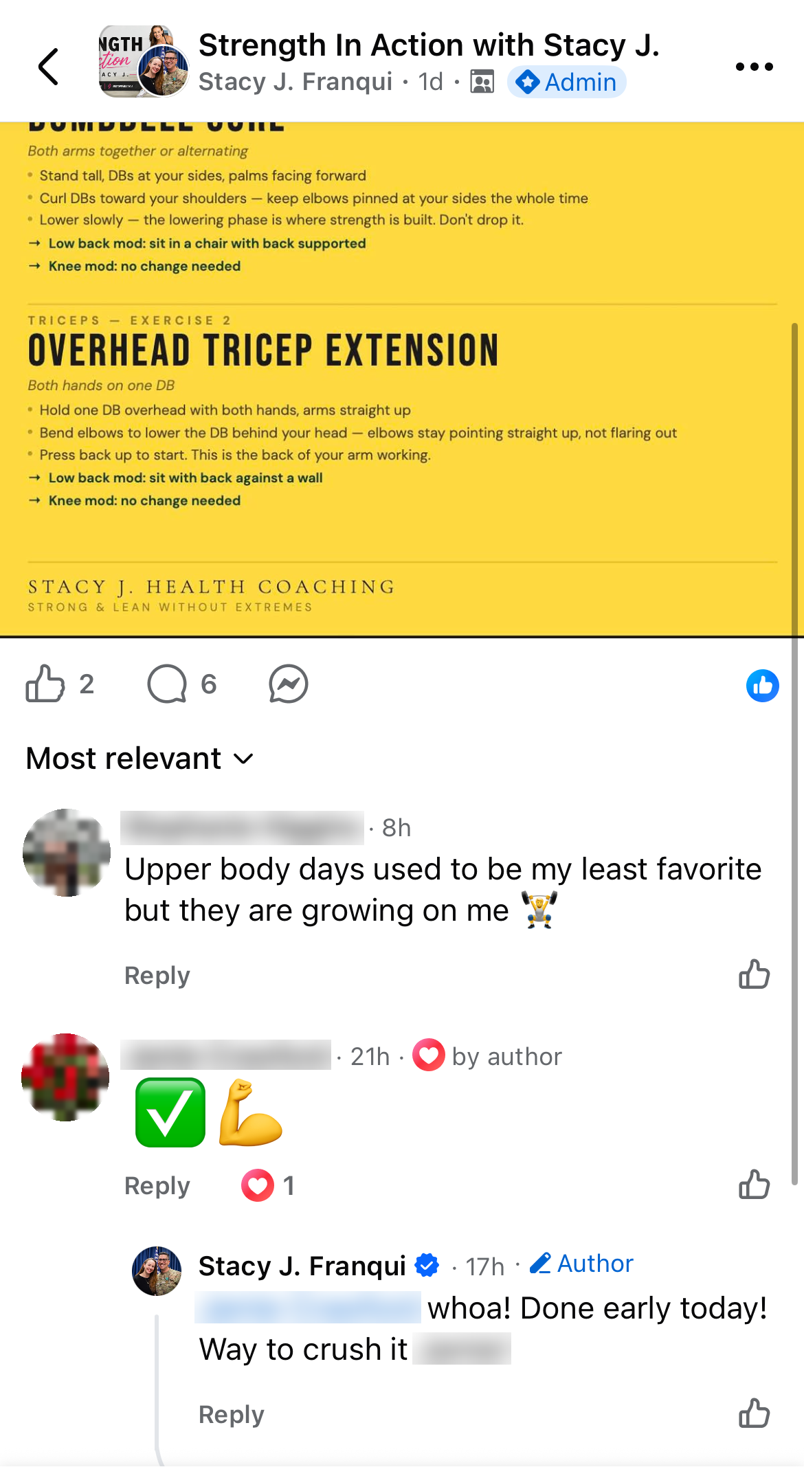 Members sharing their upper body workout wins in the Strength In Action Facebook group