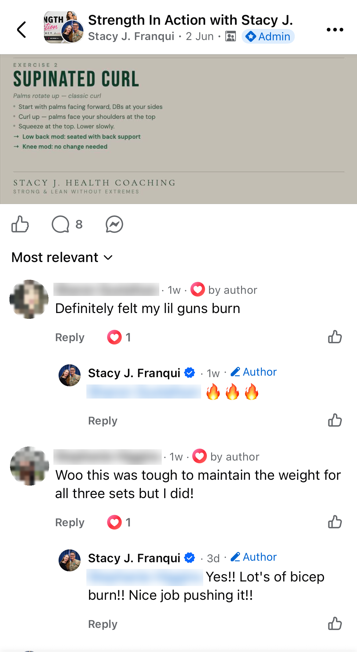 Members sharing their strength wins in the Strength In Action Facebook group